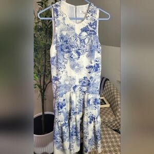 Joy Joy Blue & White Floral Drop Waist Dress – Size XS